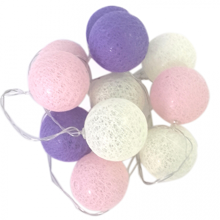 Светодиодная гирлянда "Хлопковый шар" Молочный, розовый и лавандовый / 20 шаров на прозрачном проводе